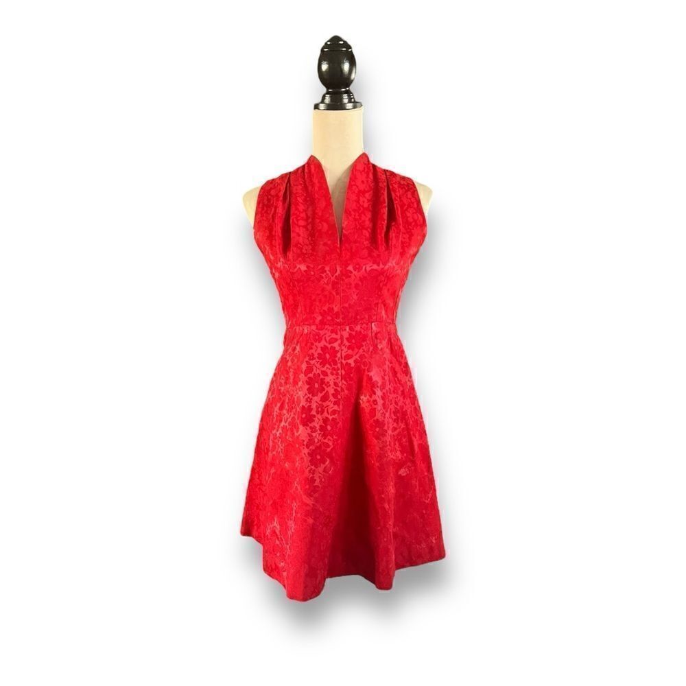 Vintage 1950s Suzy Perette New York Red Damask Cocktail Dress, Size 4